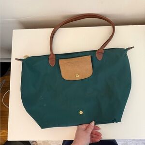Longchamp Green Tote Bag with Tan Accents